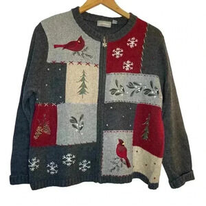 Croft & Barrow Women’s Blue Zip Up Sweater w/ Embroidery Red Birds Snow Petite L